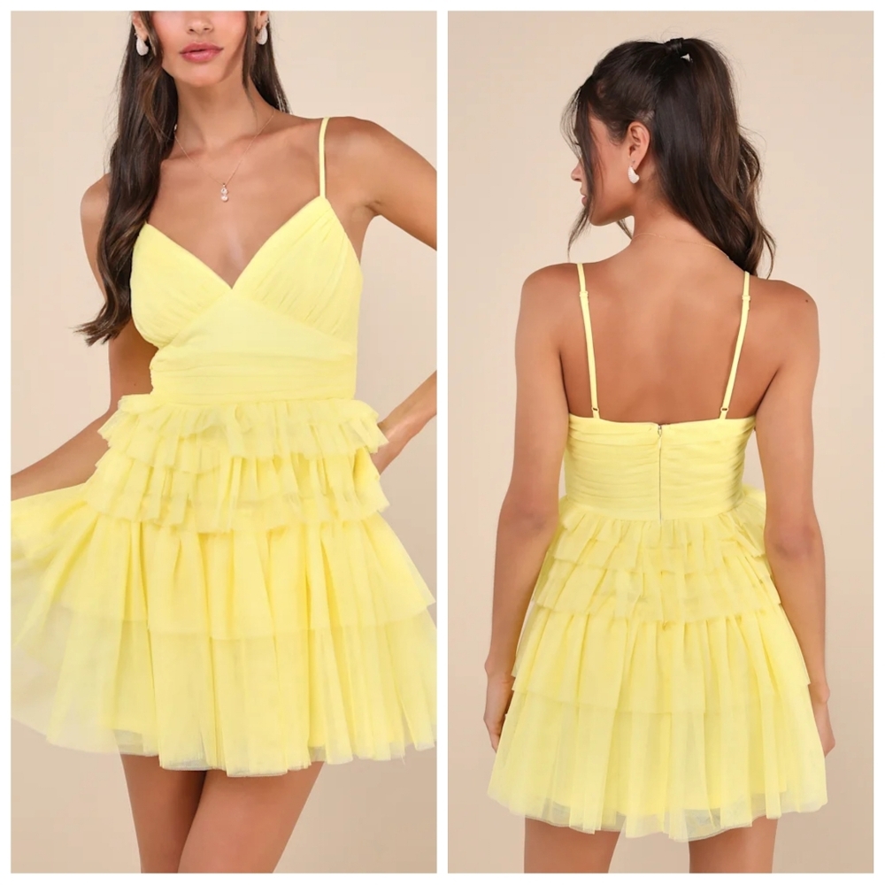 Lulus Special Poise Yellow Tulle Pleated Tiered V-Neck Mini Dress | XL | NWT - Picture 2 of 2